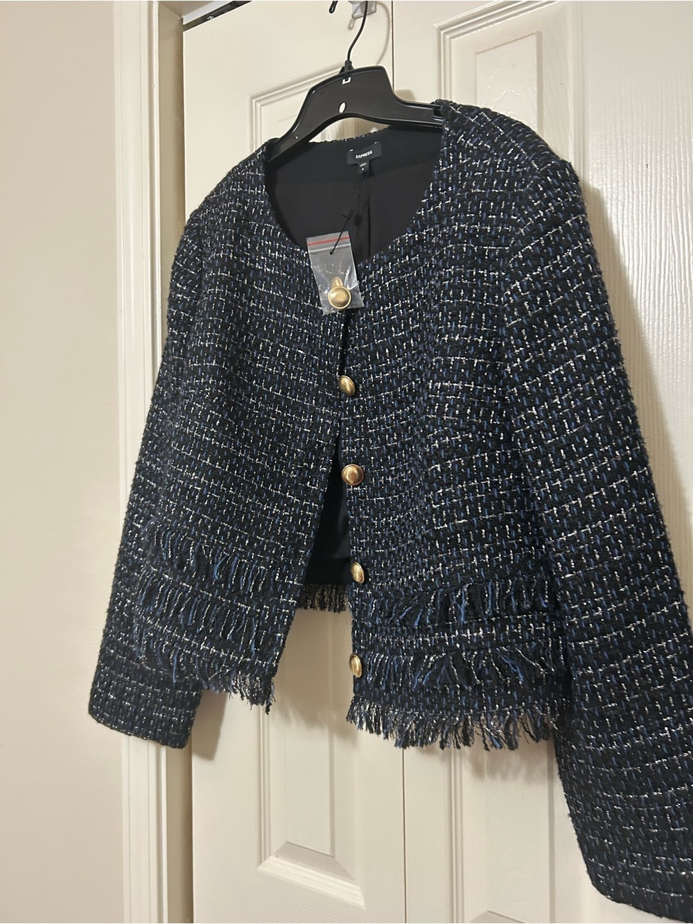 Express Black and Navy Tweed Fringe Jacket with Gold Buttons
